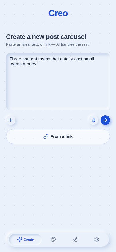 Creo App: the user types one sentence describing the post they want